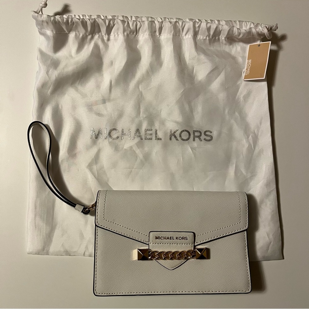 Michael Kors White Wristlet with Gold Chain Detail